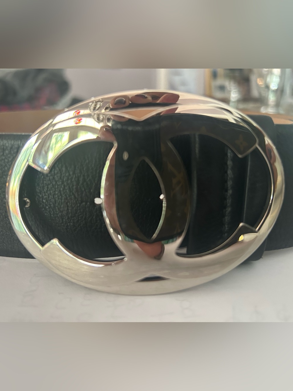CHANEL Black Leather Belt with Silver CC Oval Buckle